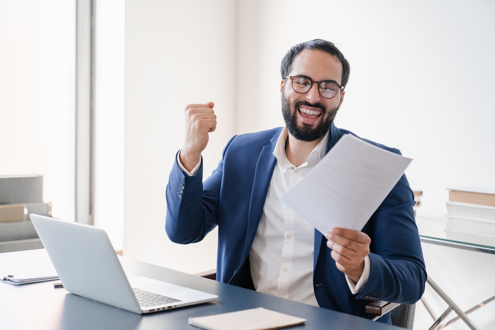 passing exams audition success arabian businessman excited of signing contract