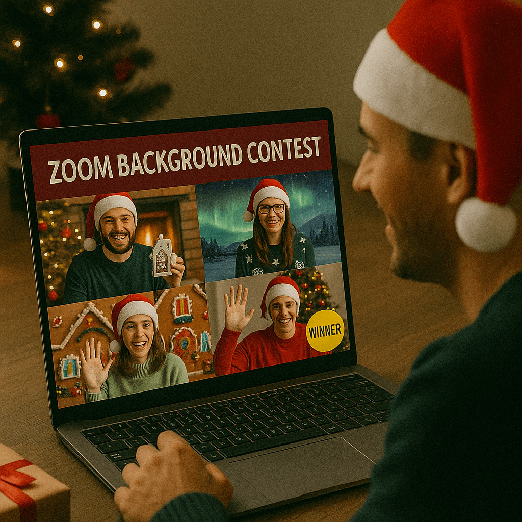 Festive Zoom Background Contest Remote employees on a Zoom call showcase creative holiday backgrounds, with one participant marked as the contest winner, all wearing Santa hats and smiling cheerfully