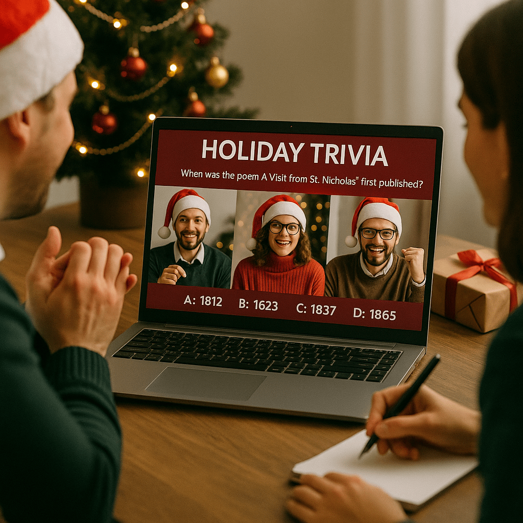 Virtual Holiday Trivia Party Employees wearing Santa hats join a festive Zoom trivia game, with a holiday quiz question on the screen and a Christmas tree in the background