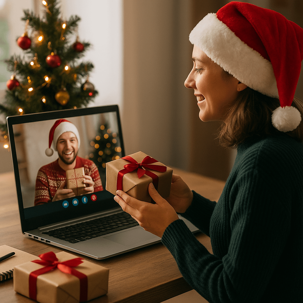 Virtual Secret Santa A woman in a Santa hat exchanges gifts with a colleague during a virtual Secret Santa video call, with a Christmas tree and wrapped presents in the background