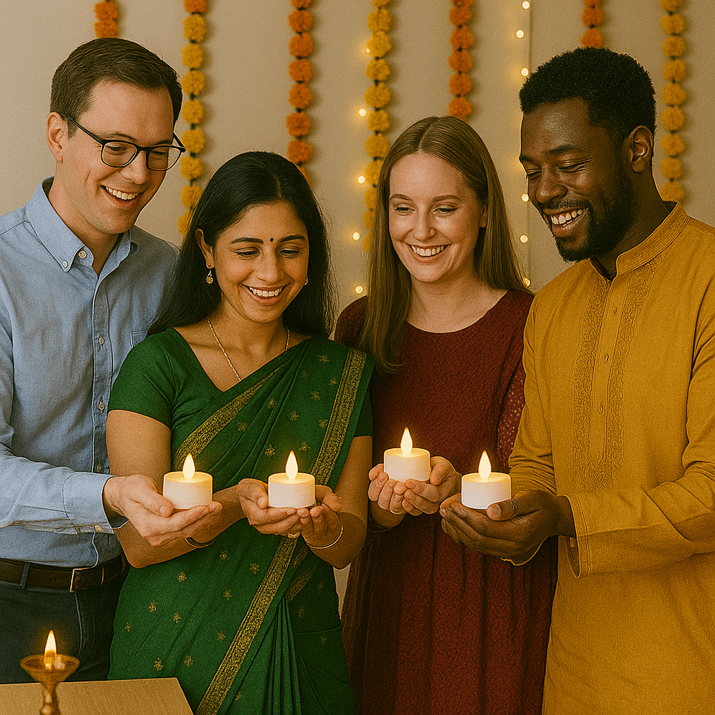 coworkers holding LED tealight candles and smiling together in a Diwali-decorated office with marigold garlands and warm ambient lighting.
