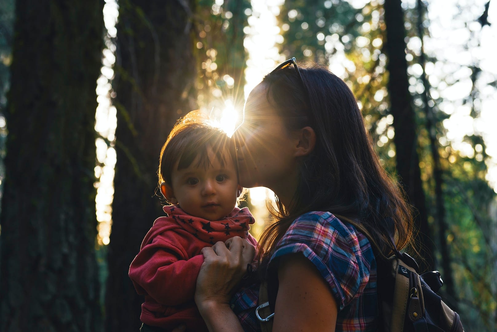 usa california sequoia national park woman kissing her little daughter at sunset