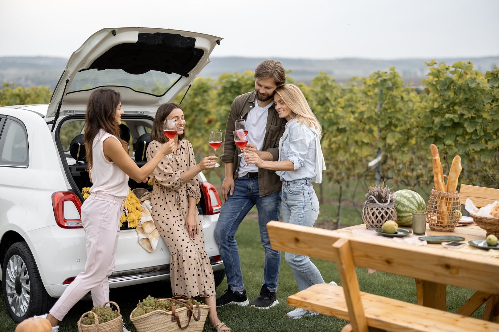 friends tasting wine during picnic near vineyards