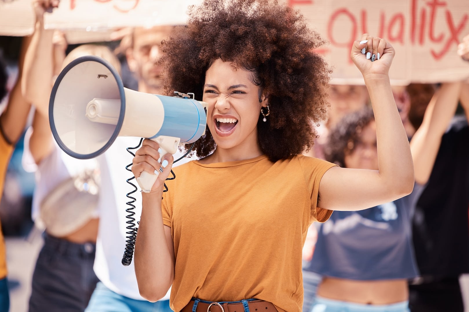 megaphone equality or women rights protest for global change gender equality or angry black woman