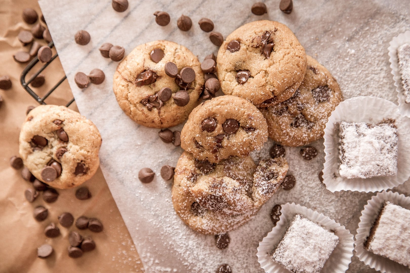 closeup shot of freshly baked chocolate chip cookies