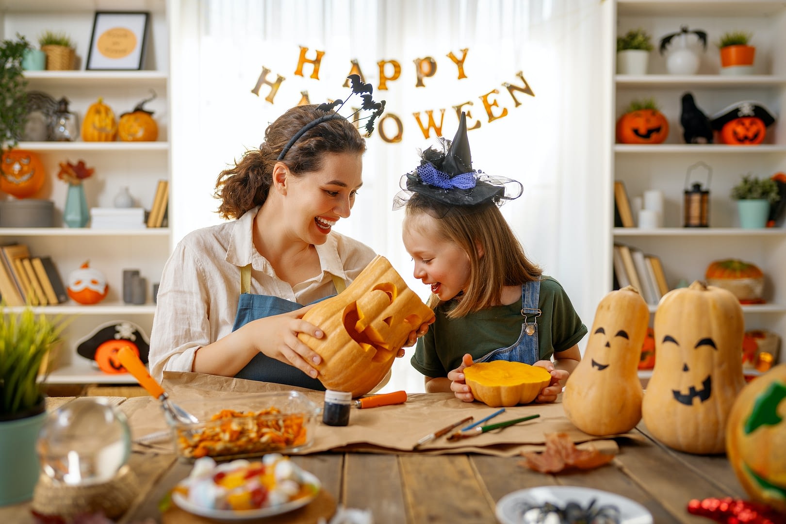 family preparing for halloween