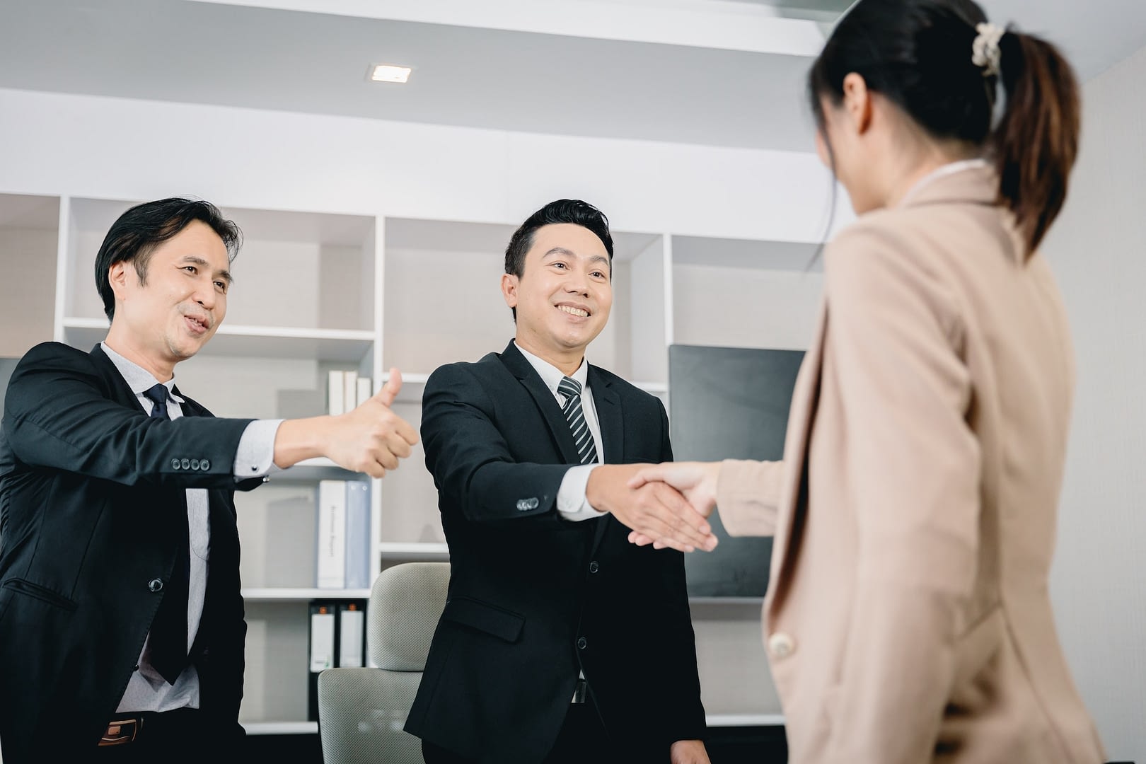 businee office staff employee promote congratulate hand shake with boss team leader