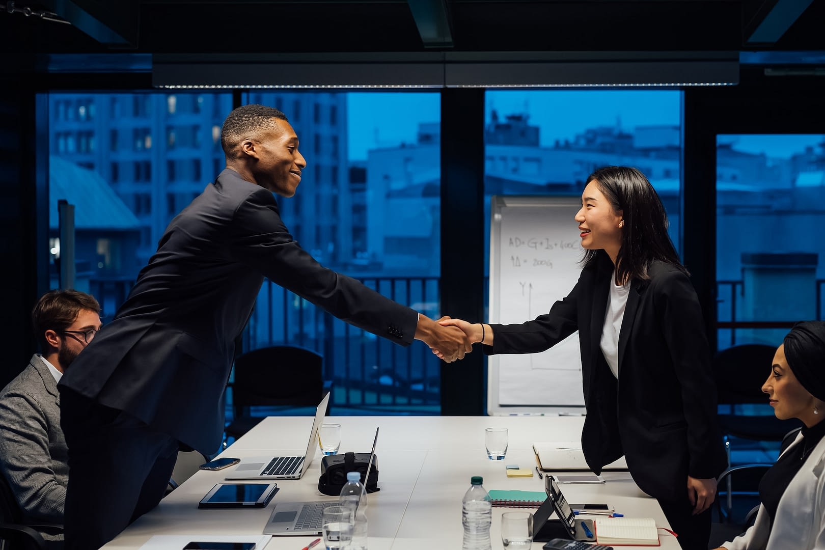 businesswoman and male client shaking hands over conference table meeting