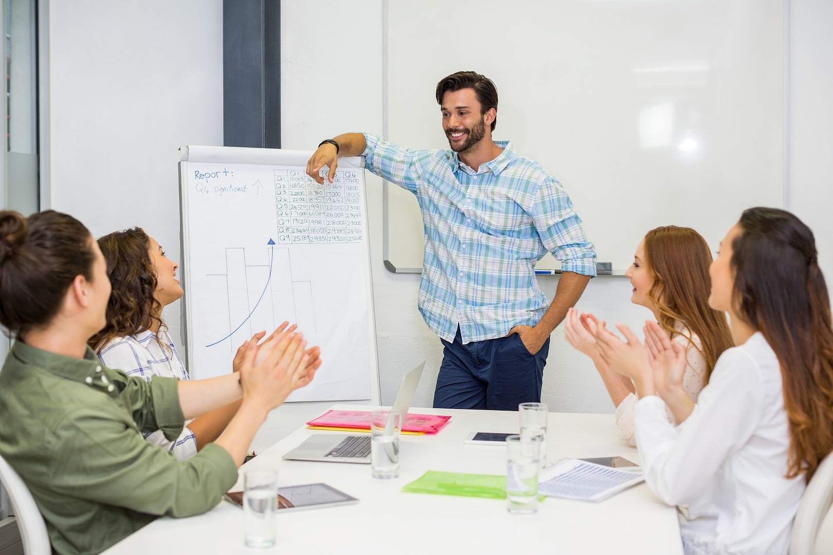 executives appreciating their colleague during presentation in conference room