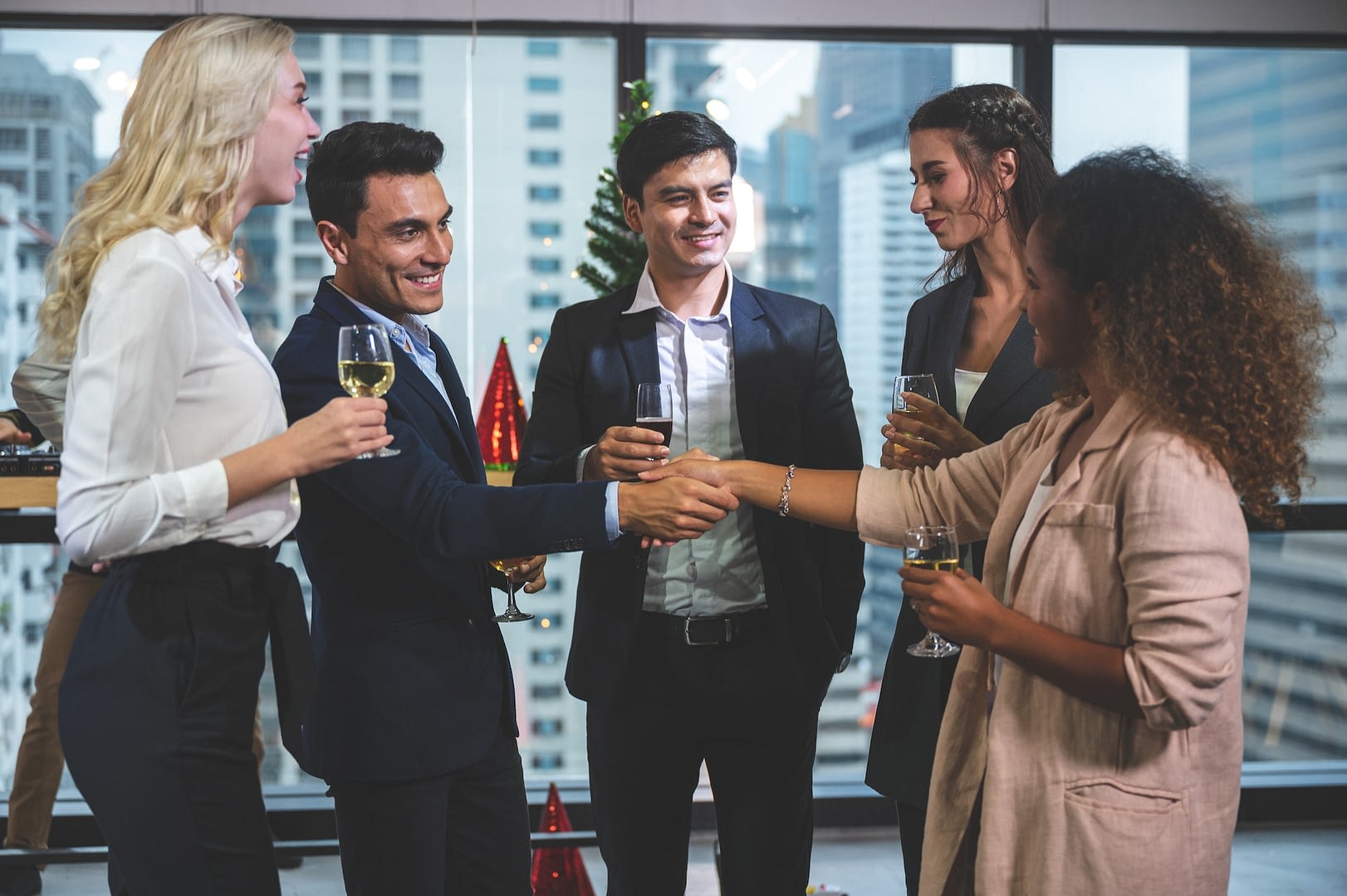 businessman and business partner person team in success happy and fun in group celebration party