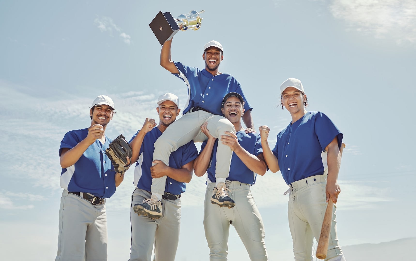 baseball team winner men or trophy success in fitness game workout match or competition exercise