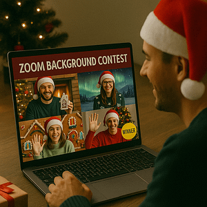 Festive Zoom Background Contest Remote employees on a Zoom call showcase creative holiday backgrounds, with one participant marked as the contest winner, all wearing Santa hats and smiling cheerfully