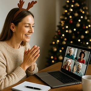 Woman in festive antlers smiling at her laptop during a virtual meeting, with a notepad on the desk and a Christmas tree in the background.