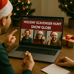 Virtual Holiday Scavenger Hunt A remote team participates in a holiday scavenger hunt on a video call, holding festive items like candy canes and snow globes, with Christmas decorations in the background