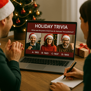 Virtual Holiday Trivia Party Employees wearing Santa hats join a festive Zoom trivia game, with a holiday quiz question on the screen and a Christmas tree in the background
