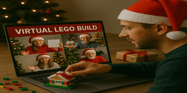Virtual LEGO Holiday Challenge: A Creative Remote Team Recognition Idea A remote team builds LEGO holiday houses over a video call, with one man assembling bricks at his desk and teammates sharing progress on-screen amid Christmas decorations