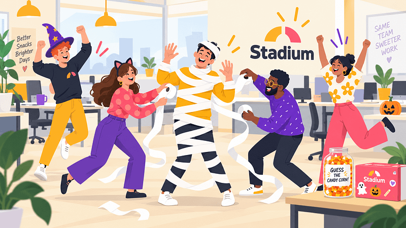 Illustrated coworkers laughing during a mummy-wrap relay, one of the in-person halloween office games