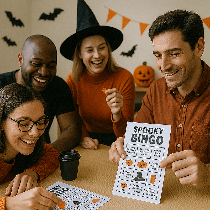 Four coworkers laughing and playing Halloween-themed bingo in a festively decorated office, engaging in a fun recognition activity that boosts interaction and brings Halloween celebration ideas to life through themed rewards and spontaneous joy.