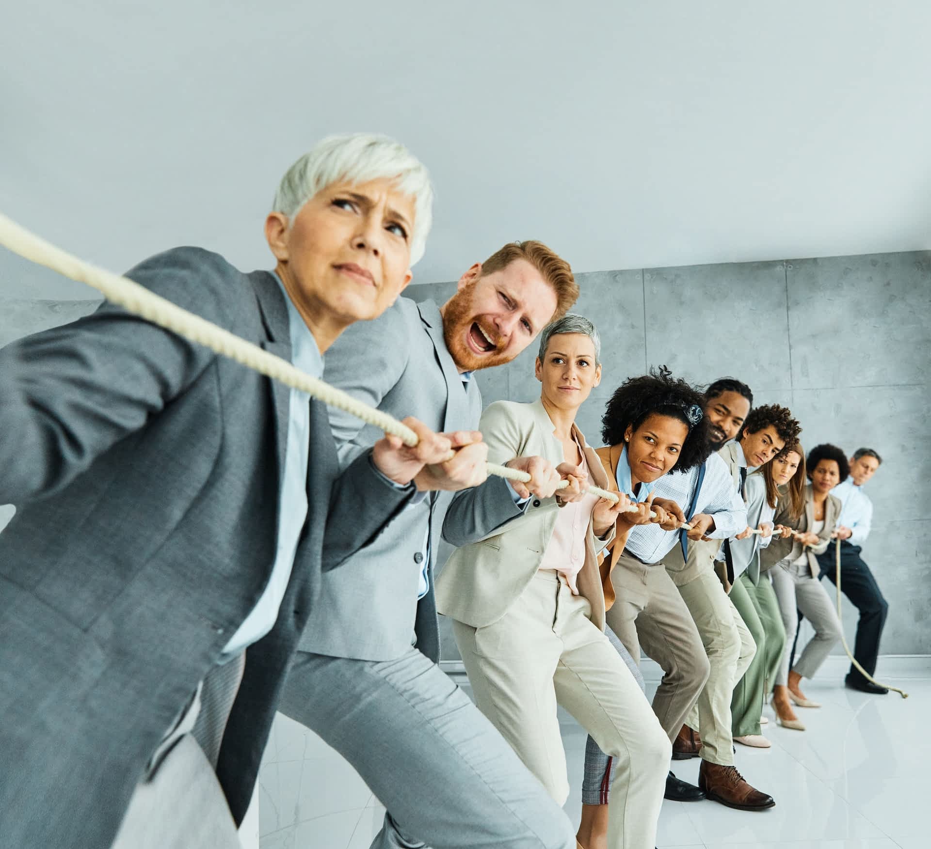 Group of young men pulling